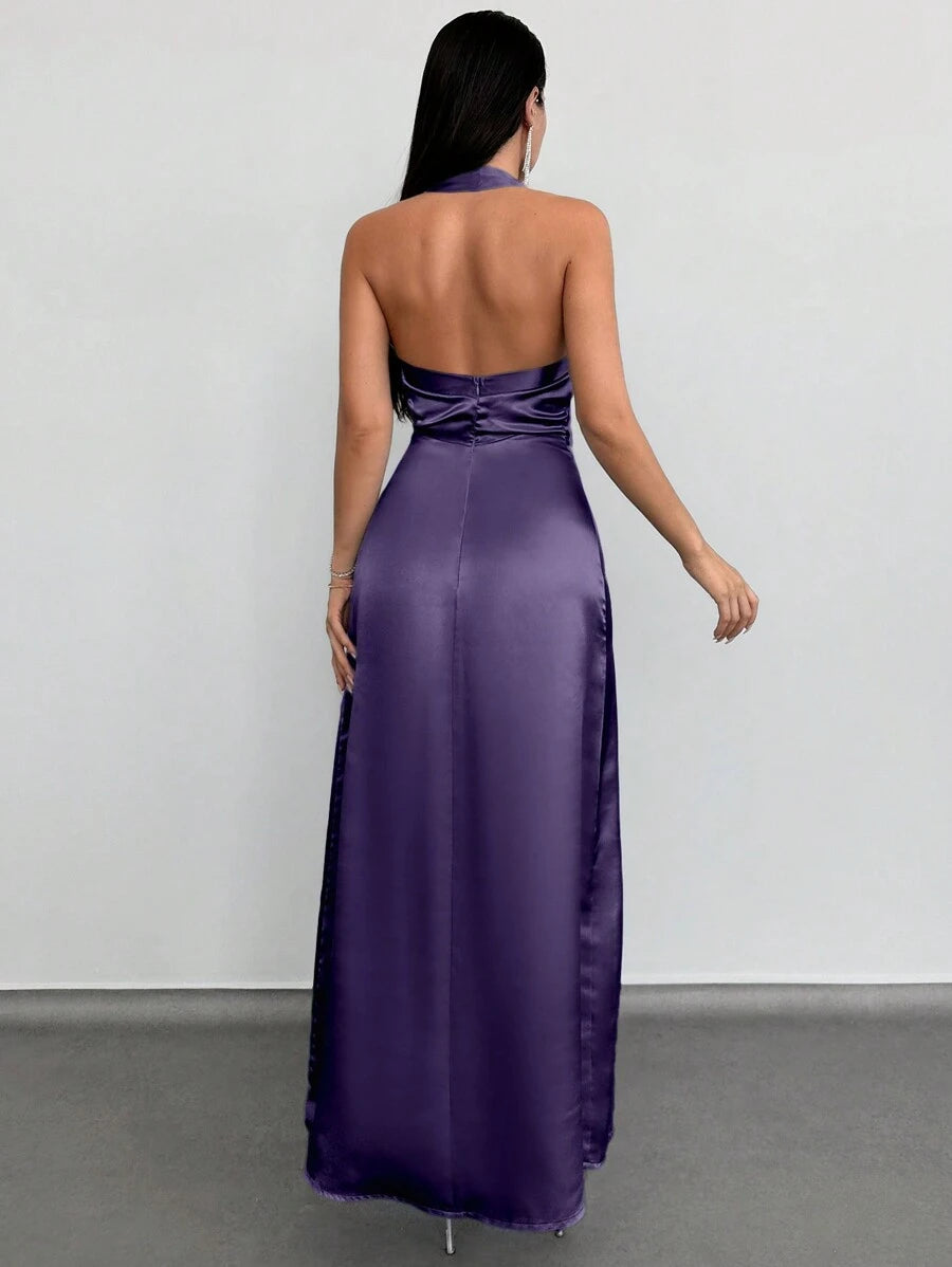 Luxury Mauve Purple Sheath Halter Neck Sleeveless Open-Back Back Zip Floor-Length Satin Prom Dress