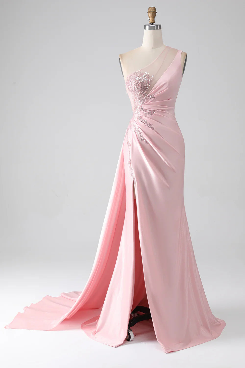 DingJiDress Pink Mermaid One Shoulder Sequins Appliques Ruched Prom Dress With Slit