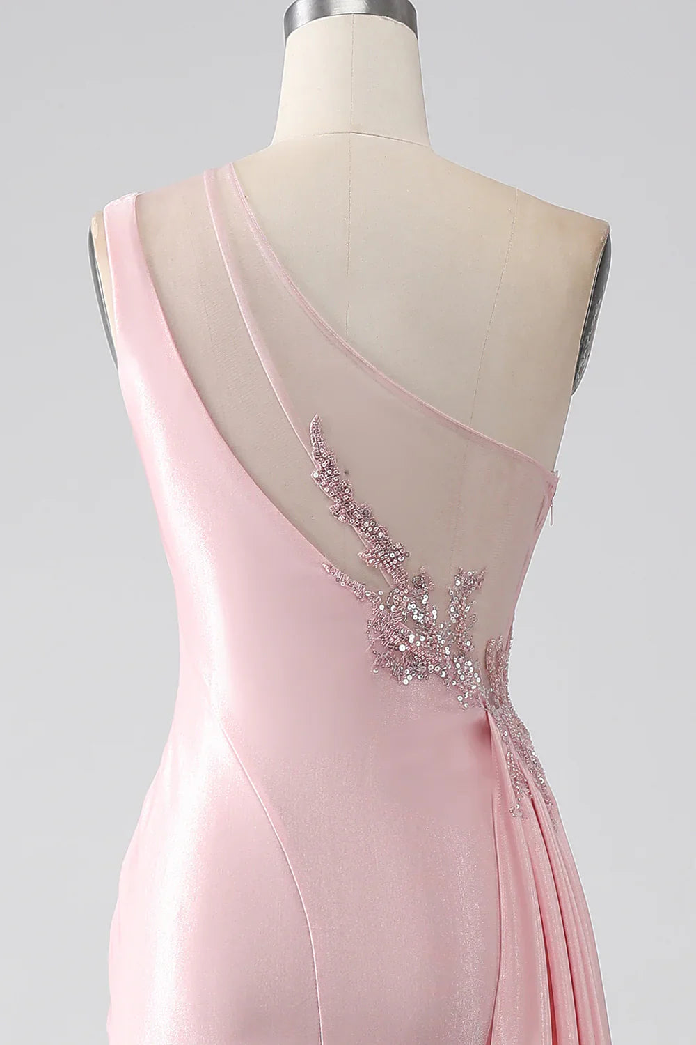 DingJiDress Pink Mermaid One Shoulder Sequins Appliques Ruched Prom Dress With Slit