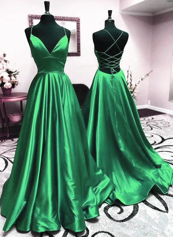 V Neck Green Backless Long Prom DressesOpen Back Green Long Formal Dresses