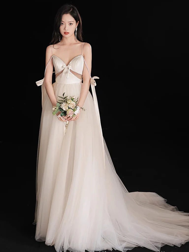 A-Line Light Champagne Tulle Beads Long Prom Dress Light Champagne Evening Dress