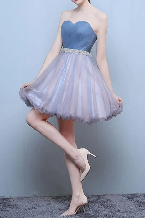 Princess Steel Blue Sweetheart Tulle Short Homecoming Cute Prom Dress with Beads