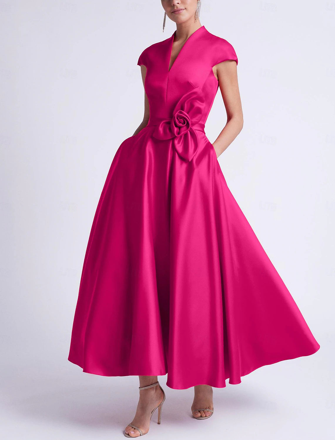 Beach Wedding A-Line Cocktail Dresses Elegant Dress Party Tea Length Sleeveless V Neck Pocket Satin with Bow(s) Derby Dresses