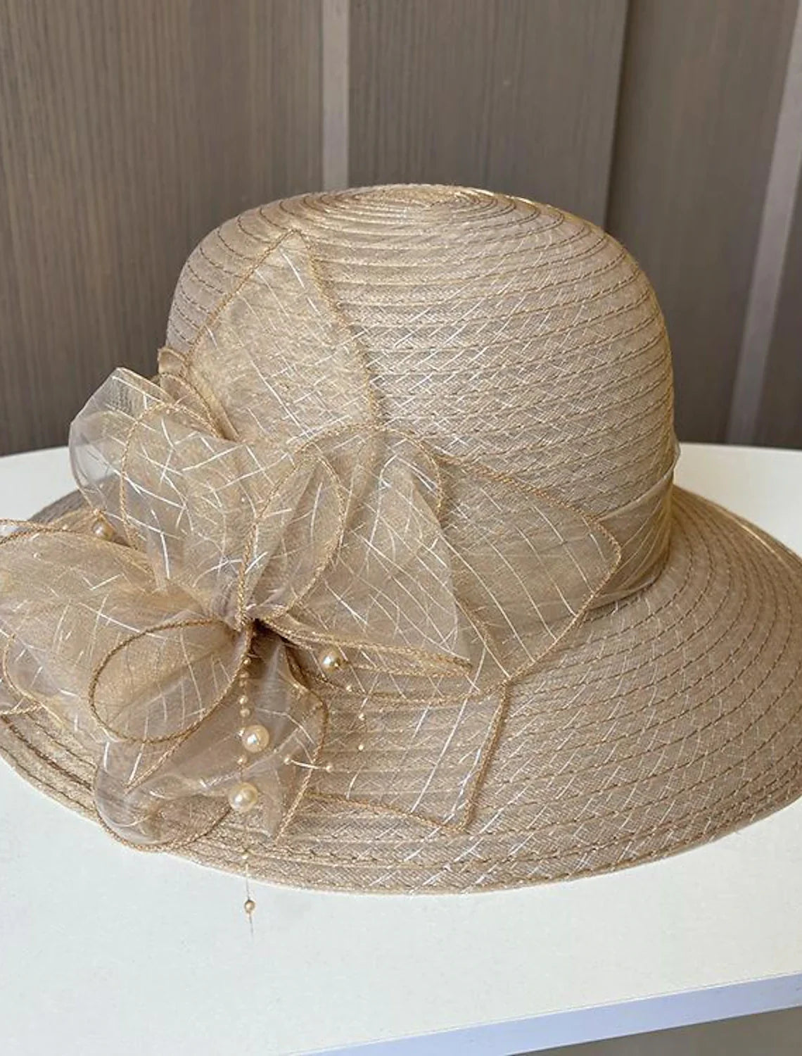 DingJiDress Fascinators Hats Headwear Polyester Tulle Bucket Hat Floppy Hat Sun Hat Holiday Beach Elegant Retro With Feather Faux Pearl Headpiece Headwear