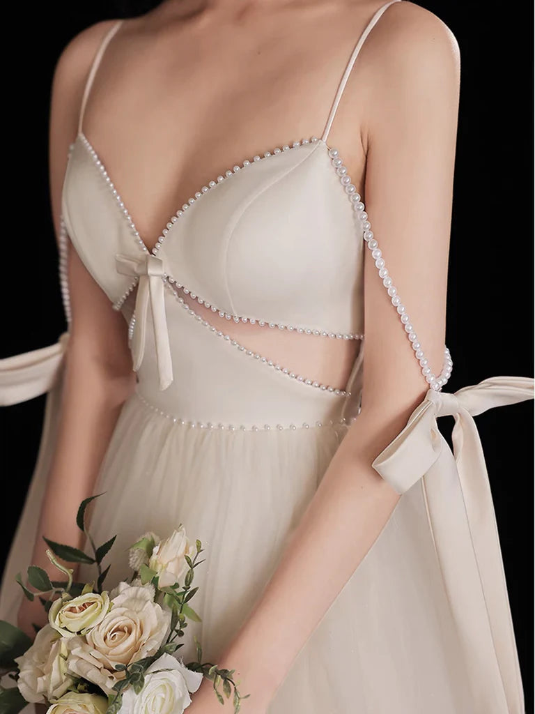 A-Line Light Champagne Tulle Beads Long Prom Dress Light Champagne Evening Dress