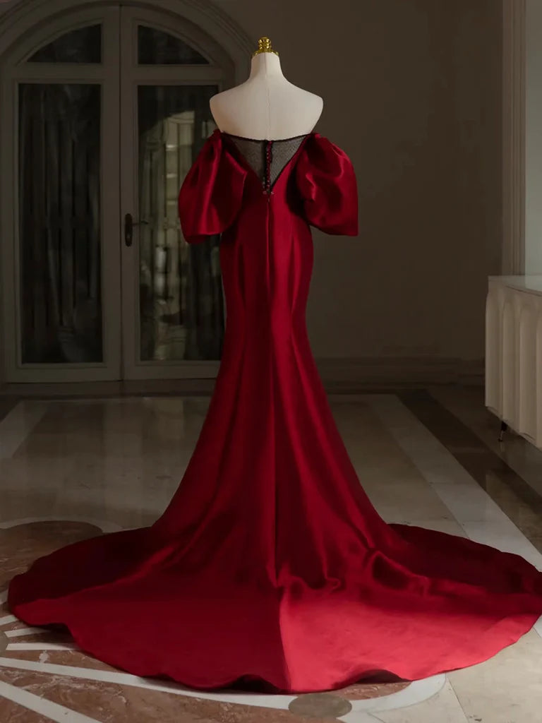 Burgundy Puff Sleeves Satin Burgundy Long Prom Dress Burgundy Long Formal Dress