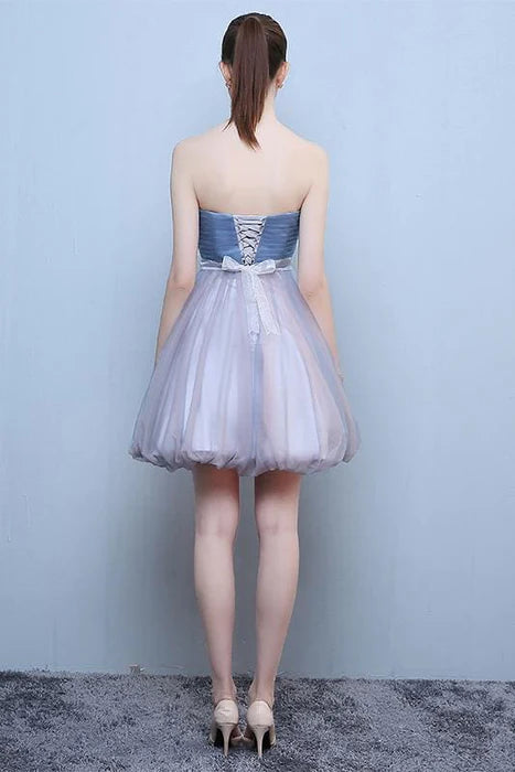 Princess Steel Blue Sweetheart Tulle Short Homecoming Cute Prom Dress with Beads