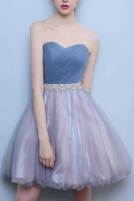 Princess Steel Blue Sweetheart Tulle Short Homecoming Cute Prom Dress with Beads