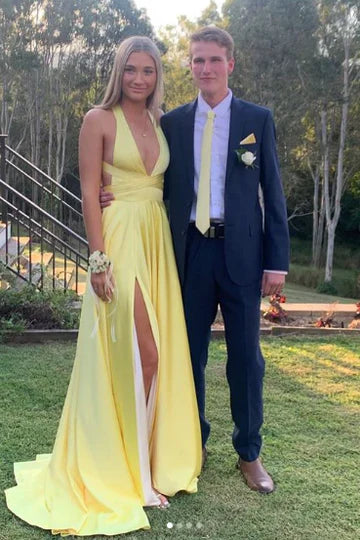 V-Neck Empire-Waist Sleeveless A-Line Satin Long Prom Formal Dress