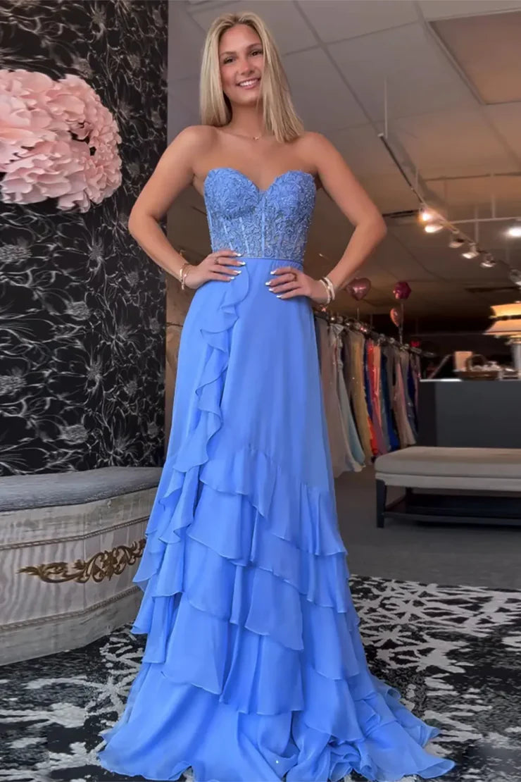 A Line Sweetheart Blue Chiffon Tiered Long Prom Dresses