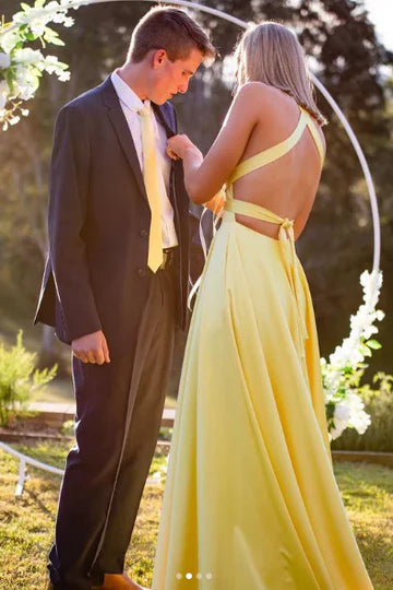 V-Neck Empire-Waist Sleeveless A-Line Satin Long Prom Formal Dress