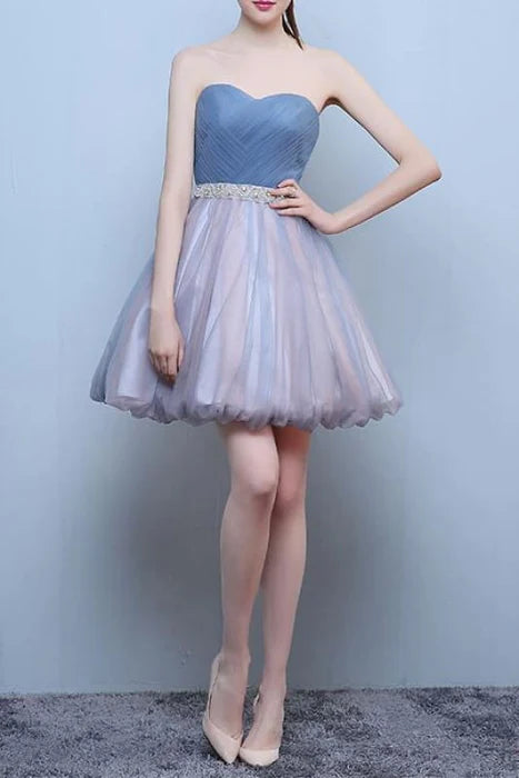 Princess Steel Blue Sweetheart Tulle Short Homecoming Cute Prom Dress with Beads
