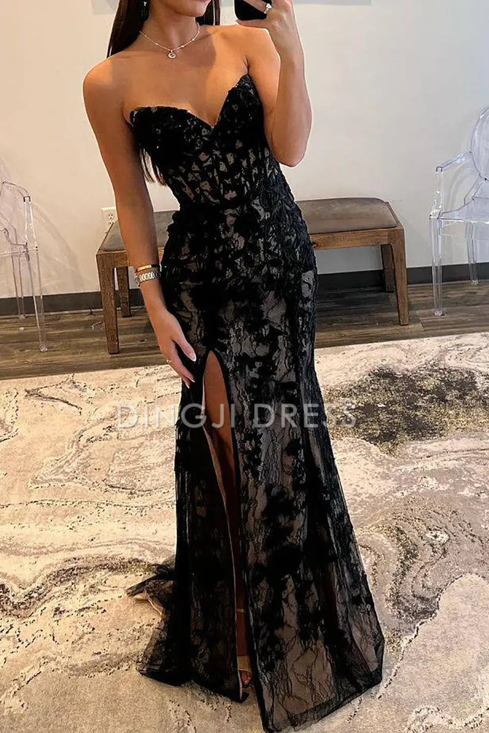 DingJiDress Mermaid Sweetheart Corset Backless with Appliques Side Fork Exquisite Prom Dress