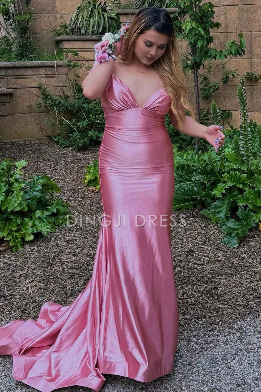 DingJiDress Stylish Mermaid V Neck Long with Sweep Train Elegant Prom Dress