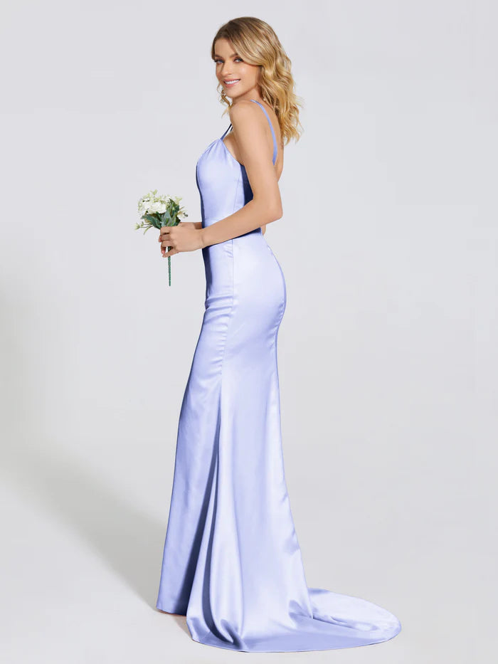 Trumpet Straps Slit Soft Satin Prom Dress