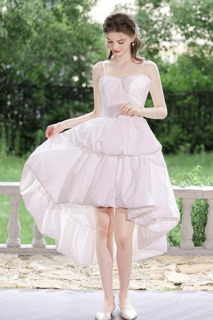 White Spaghetti Strap Satin High Low Party Dress Beautiful A-Line Evening Dress