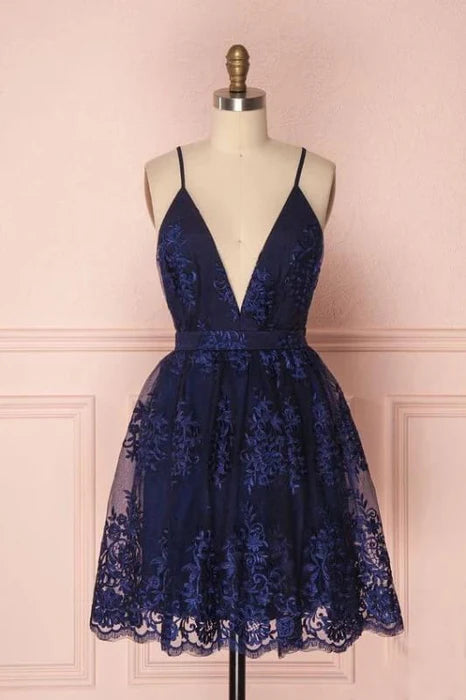 Navy Blue Deep V Neck Spaghetti Straps Homecoming Short Lace Prom Dresses