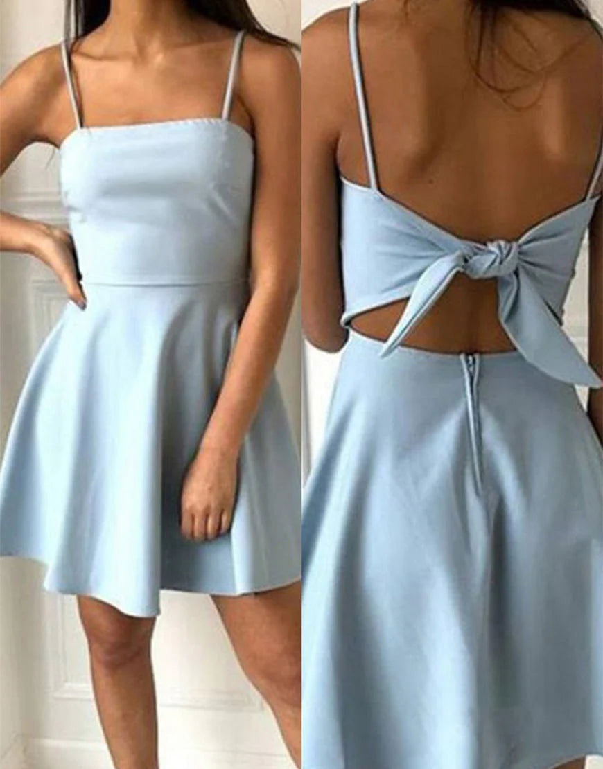 A-Line Spaghetti Straps Short Blue Satin Homecoming Dress