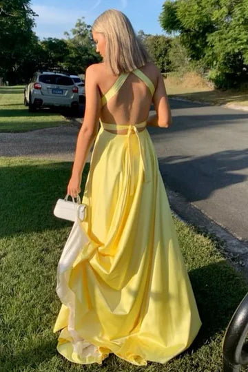 V-Neck Empire-Waist Sleeveless A-Line Satin Long Prom Formal Dress