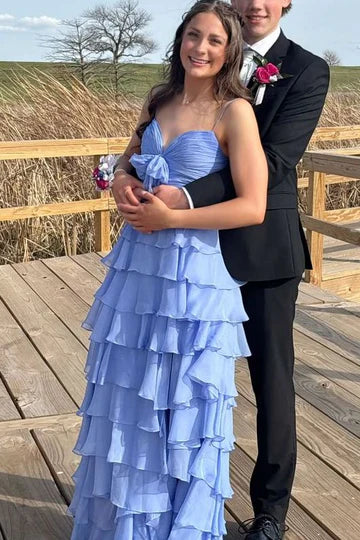 A-Line Spaghetti Straps V-Neck Ruffles Chiffon Long Prom Dress