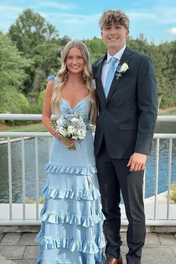 A Line V Neck Blue Satin Tiered Prom Dress with Slit