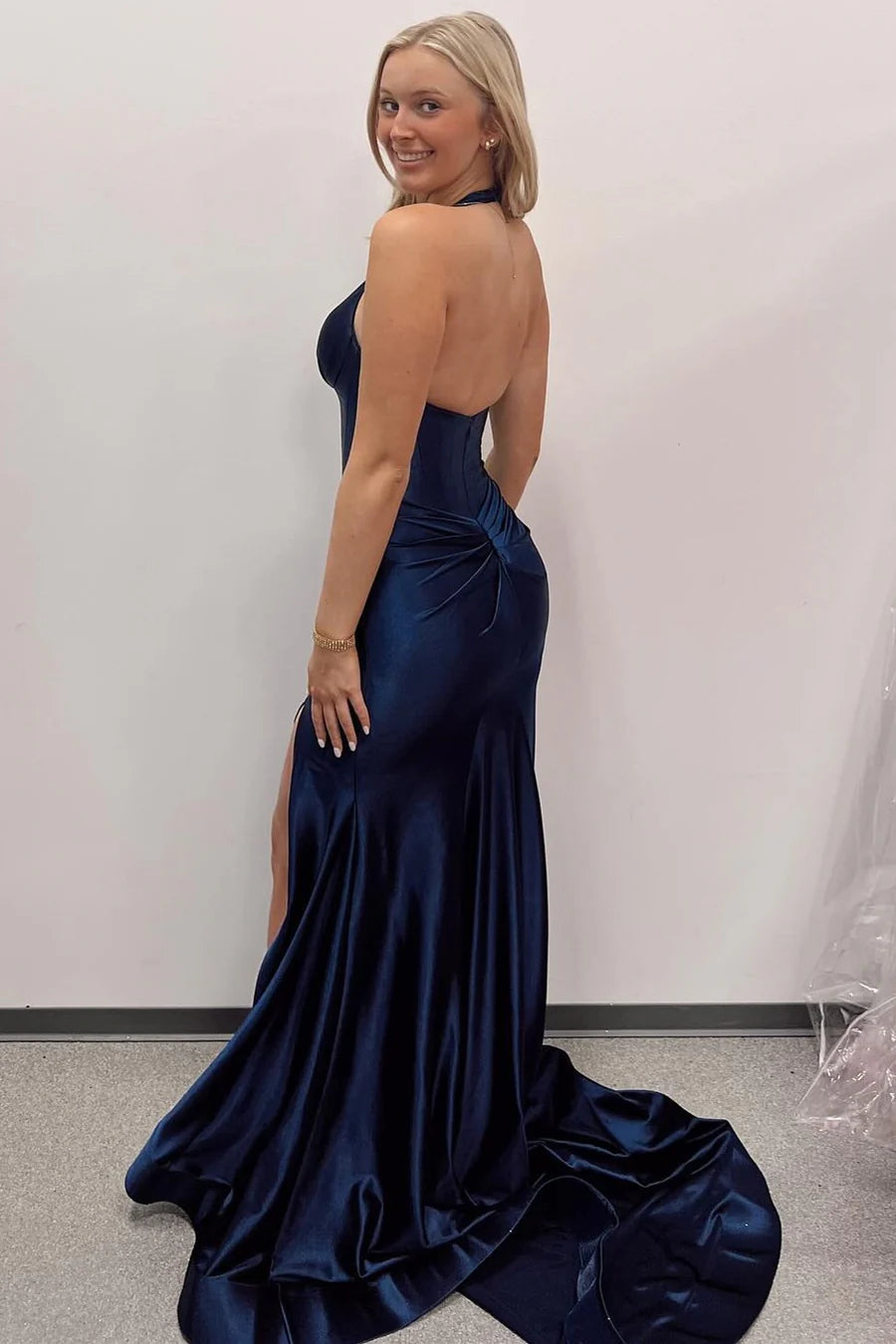 Navy Halter Mermaid Long Formal Dress with Slit ﻿