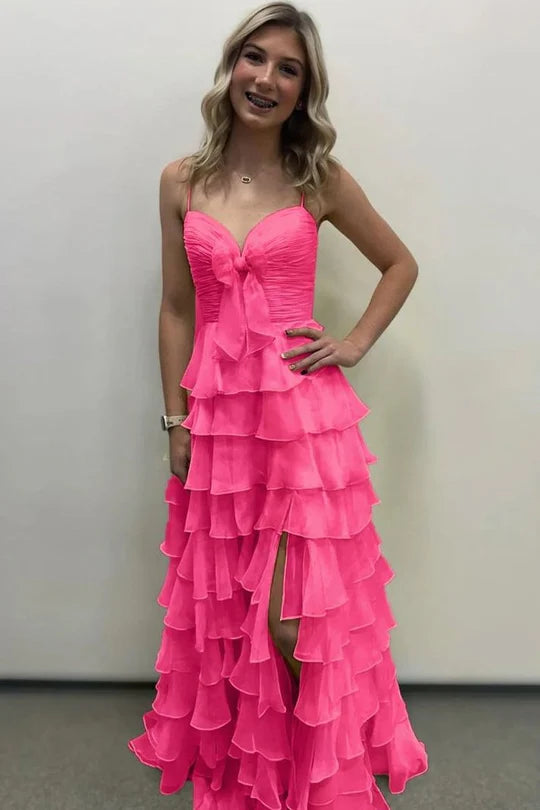 A-Line Spaghetti Straps V-Neck Ruffles Chiffon Long Prom Dress