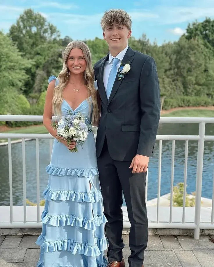 A Line V Neck Blue Satin Tiered Prom Dress with Slit
