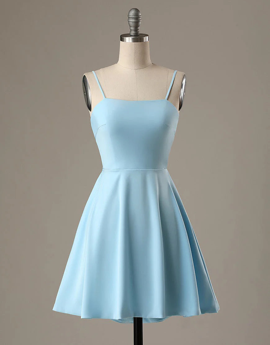 A-Line Spaghetti Straps Short Blue Satin Homecoming Dress