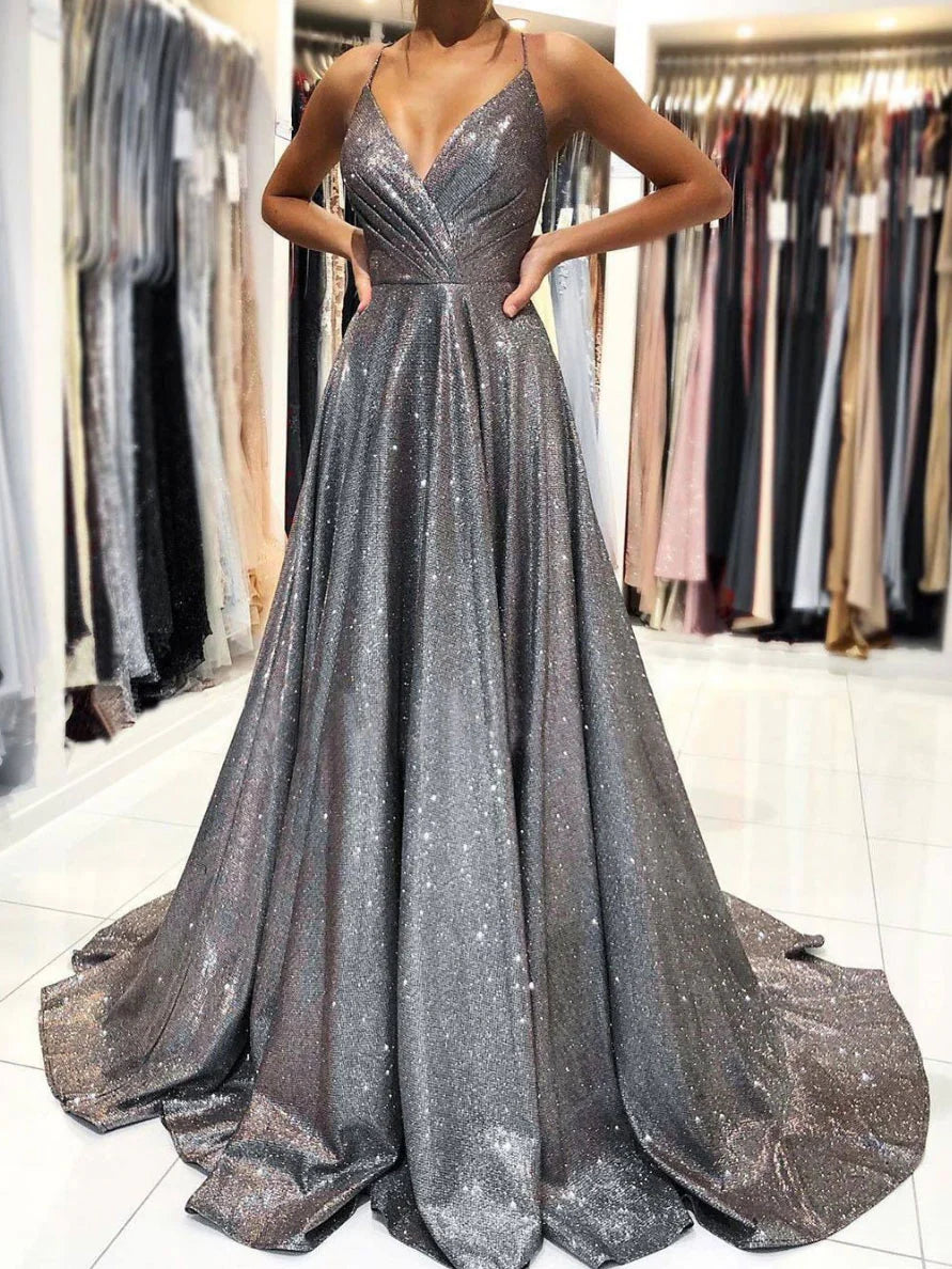 Simple gray v neck satin long prom dress gray evening dress