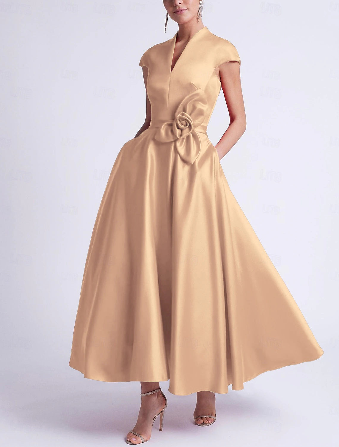 Beach Wedding A-Line Cocktail Dresses Elegant Dress Party Tea Length Sleeveless V Neck Pocket Satin with Bow(s) Derby Dresses