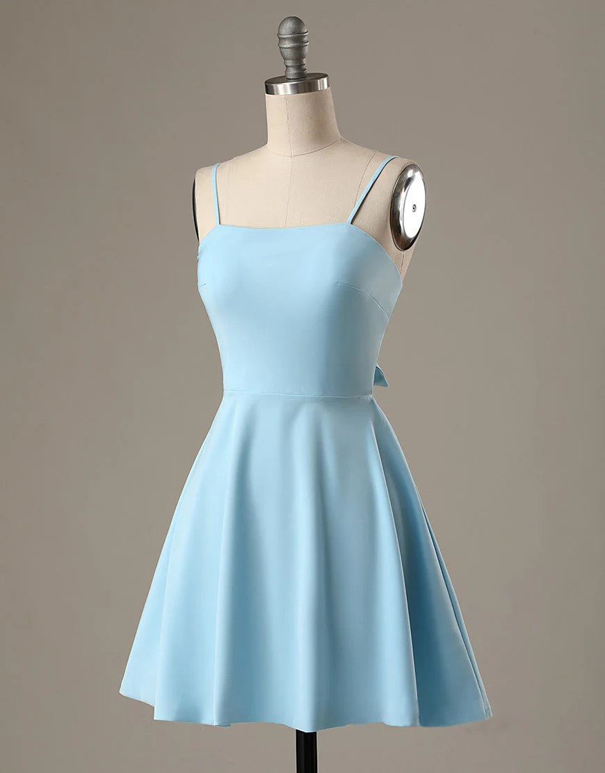 A-Line Spaghetti Straps Short Blue Satin Homecoming Dress
