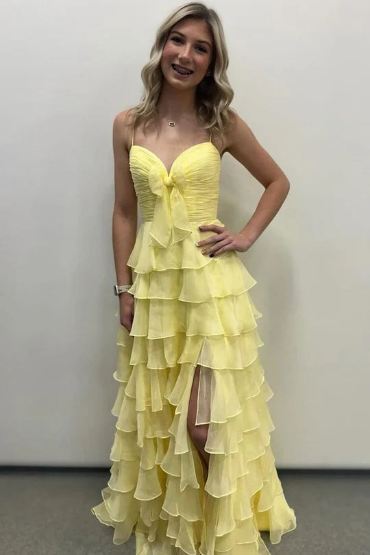 A-Line Spaghetti Straps V-Neck Ruffles Chiffon Long Prom Dress