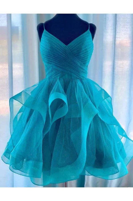 Red Spaghetti Strap Ruffled Homecoming Short Prom Dress with Pleats