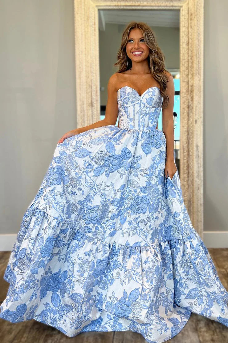 A Line Sweetheart Light Blue Jacquard Satin Prom Dress