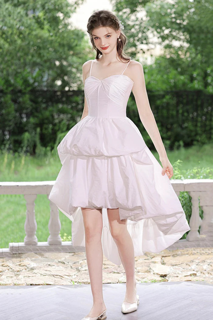 White Spaghetti Strap Satin High Low Party Dress Beautiful A-Line Evening Dress