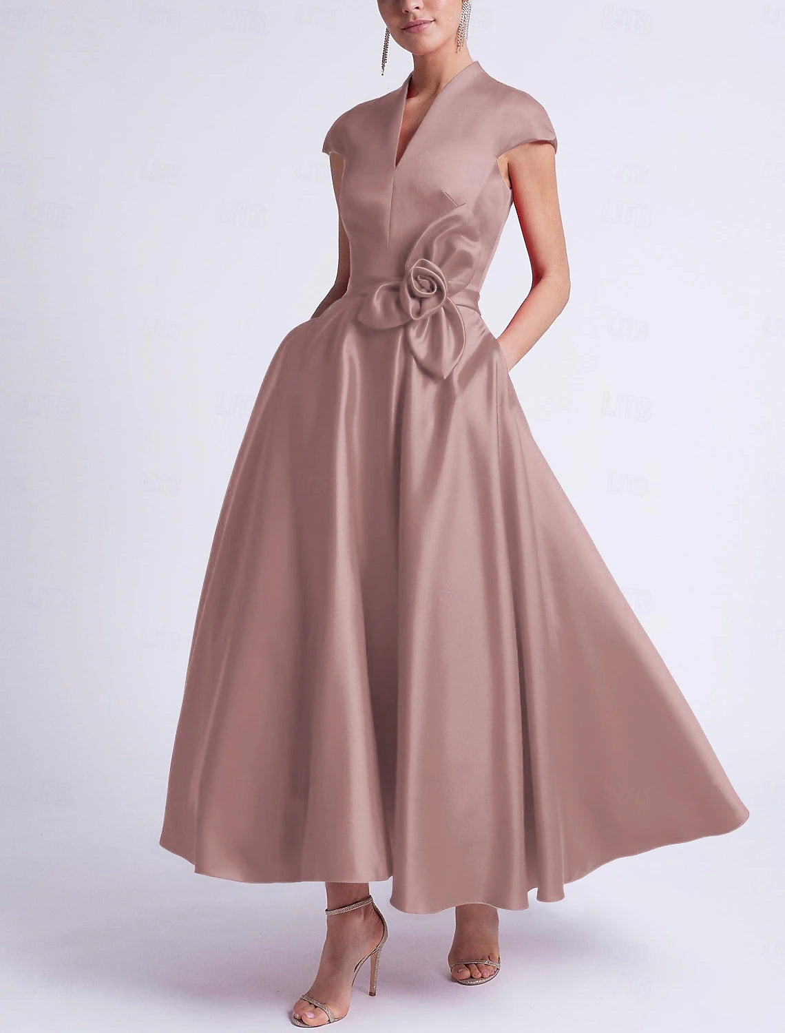 Beach Wedding A-Line Cocktail Dresses Elegant Dress Party Tea Length Sleeveless V Neck Pocket Satin with Bow(s) Derby Dresses