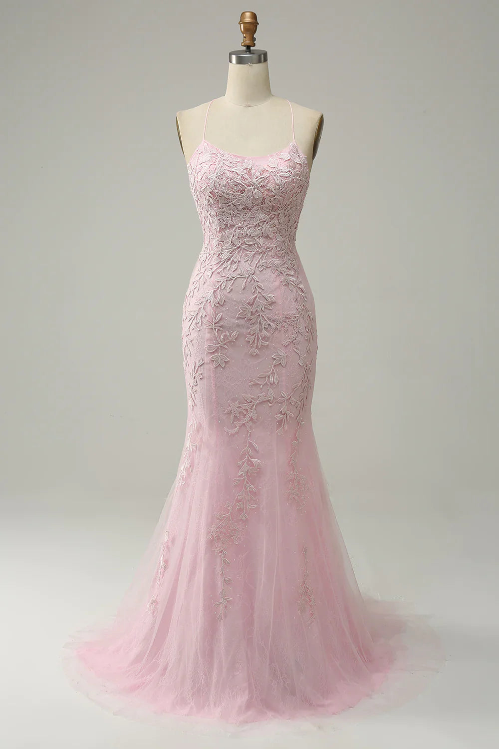 DingJiDress Mermaid Spaghetti Straps Light Pink Long Prom Dress with Appliques