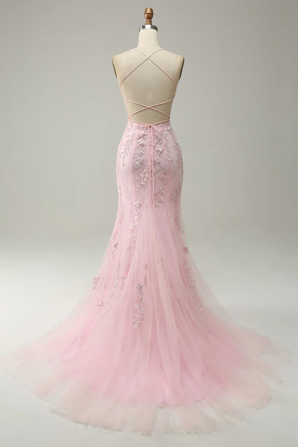 DingJiDress Mermaid Spaghetti Straps Light Pink Long Prom Dress with Appliques