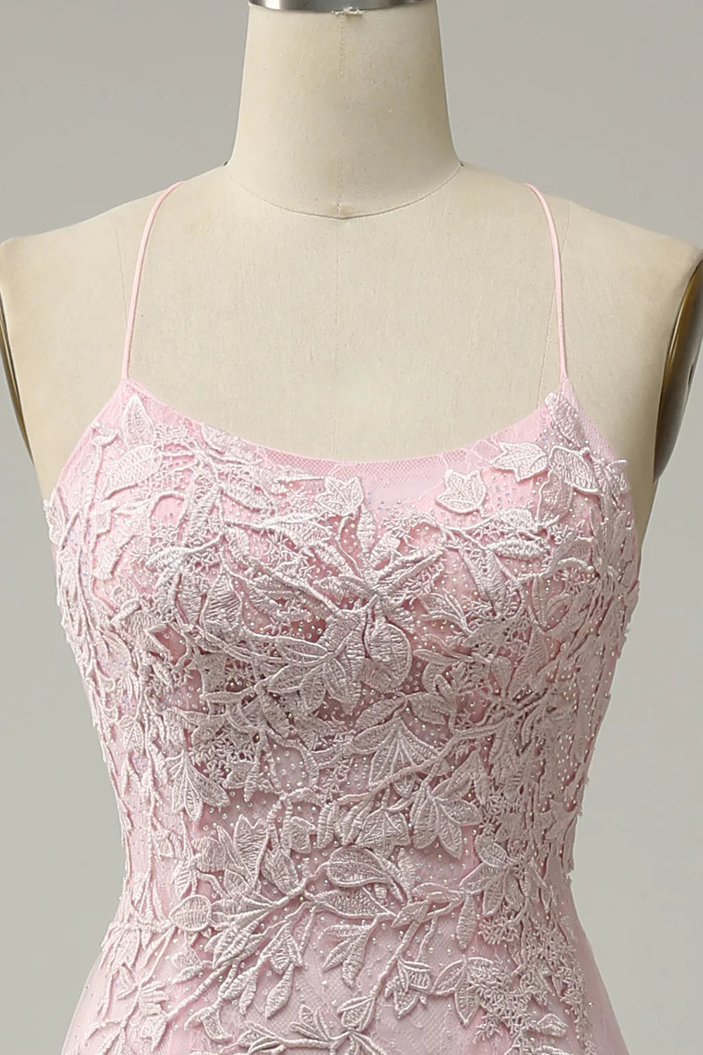 DingJiDress Mermaid Spaghetti Straps Light Pink Long Prom Dress with Appliques