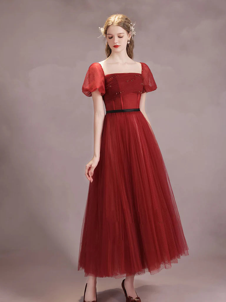 A-Line Burgundy Tulle Tea Length Prom Dress Burgundy Formal Dress