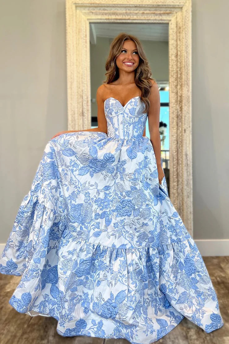 A Line Sweetheart Light Blue Jacquard Satin Prom Dress