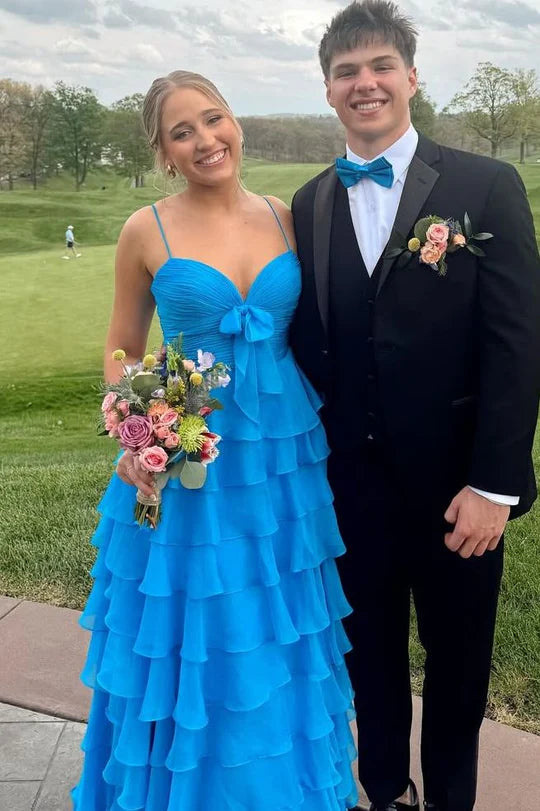 A-Line Spaghetti Straps V-Neck Ruffles Chiffon Long Prom Dress