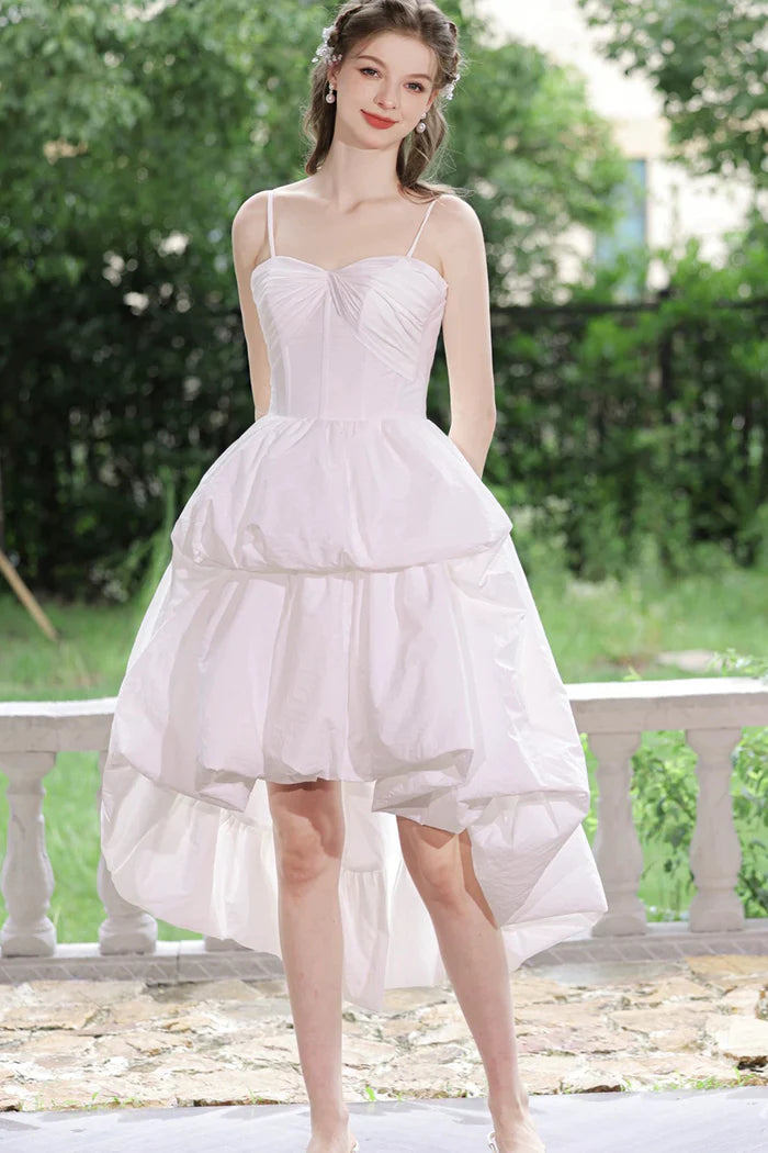 White Spaghetti Strap Satin High Low Party Dress Beautiful A-Line Evening Dress