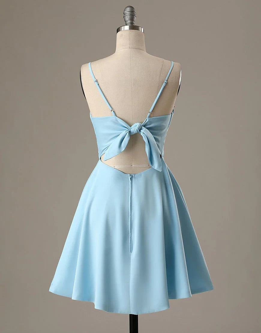A-Line Spaghetti Straps Short Blue Satin Homecoming Dress