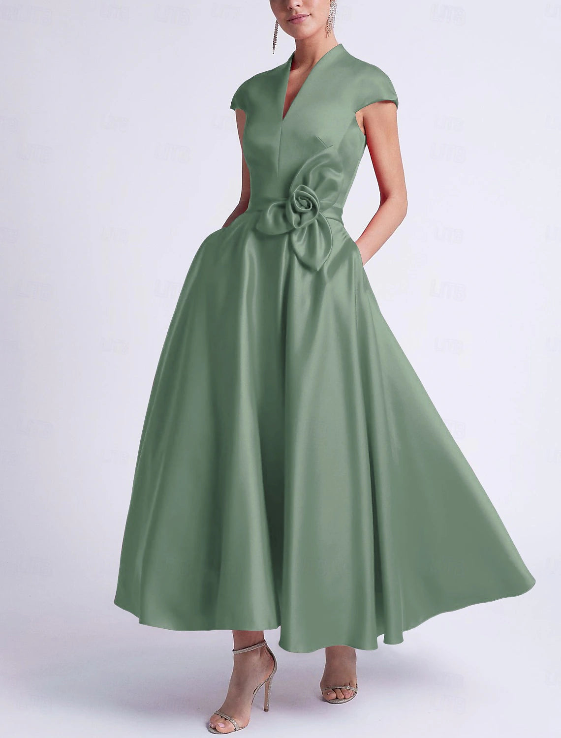 Beach Wedding A-Line Cocktail Dresses Elegant Dress Party Tea Length Sleeveless V Neck Pocket Satin with Bow(s) Derby Dresses