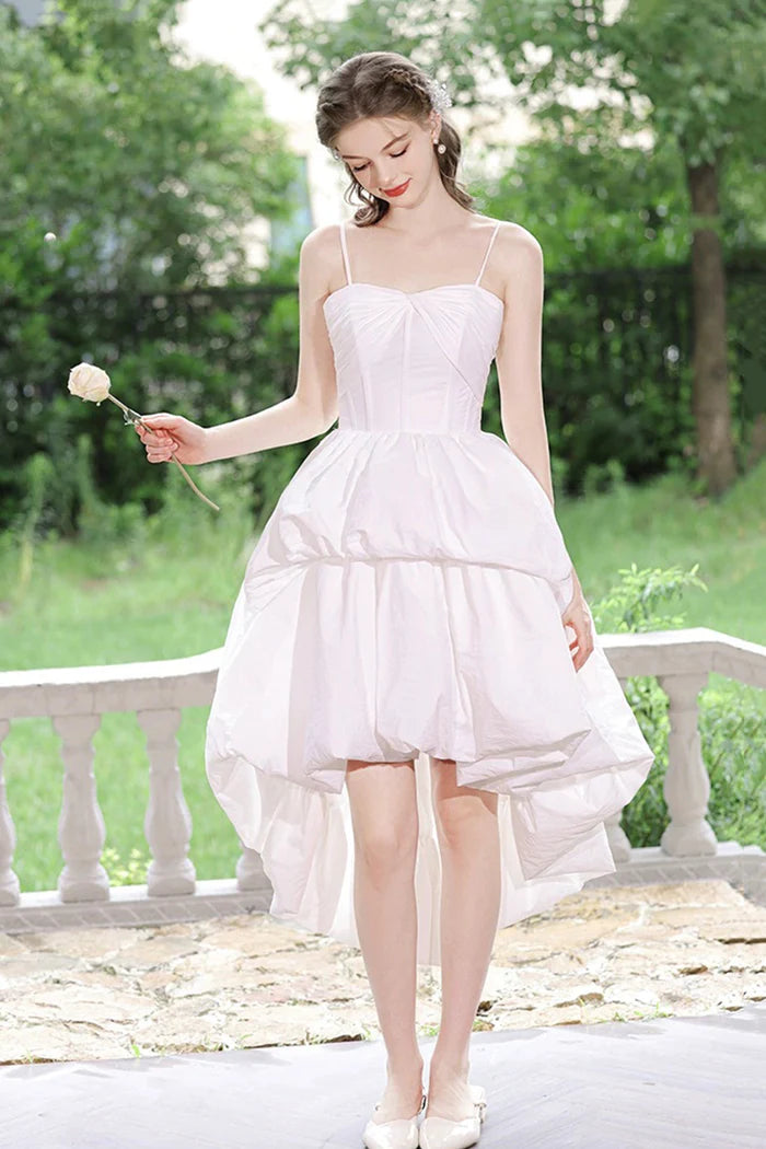 White Spaghetti Strap Satin High Low Party Dress Beautiful A-Line Evening Dress