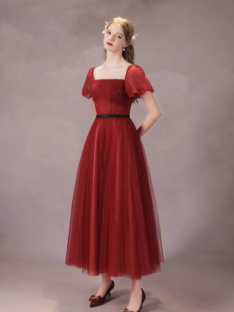 A-Line Burgundy Tulle Tea Length Prom Dress Burgundy Formal Dress