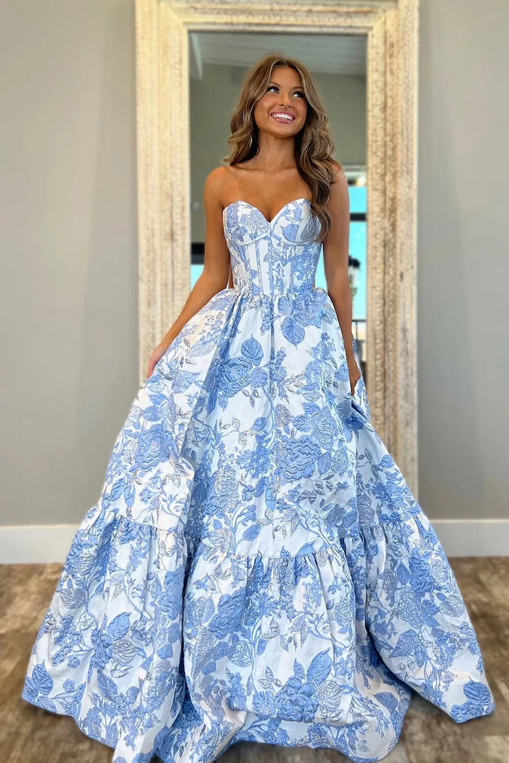 A Line Sweetheart Light Blue Jacquard Satin Prom Dress