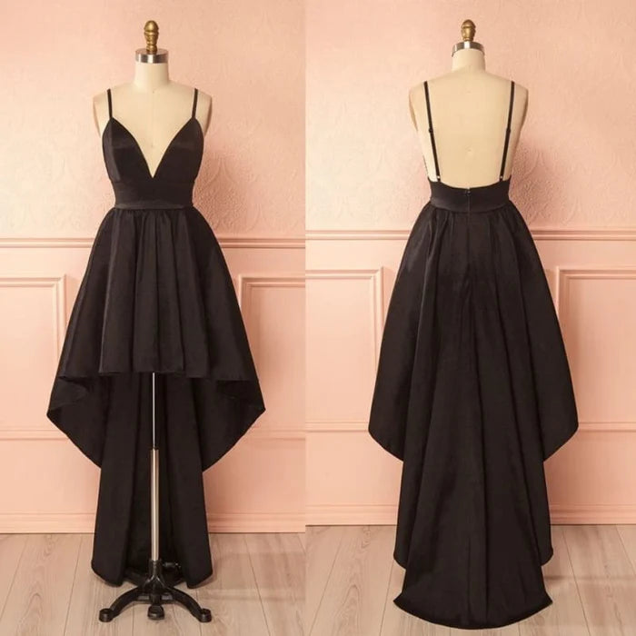 High Low V Neck Spaghetti Straps Backless Black Prom High Low Black Homecoming Black Graduation